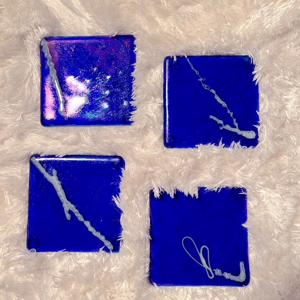 Cobalt blue glass drink coasters. Set of 4